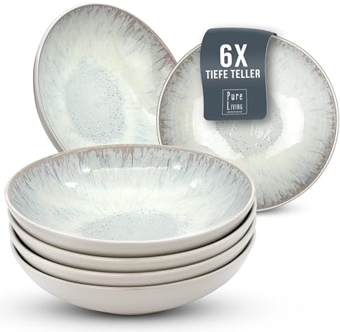 Stylish Stoneware Dinner Set - 6-Piece Deep Plates Set - Ibiza Series Deep Plates - Elegant Pasta and Soup Bowls for 6 - Pure Living Collection in Light Beige