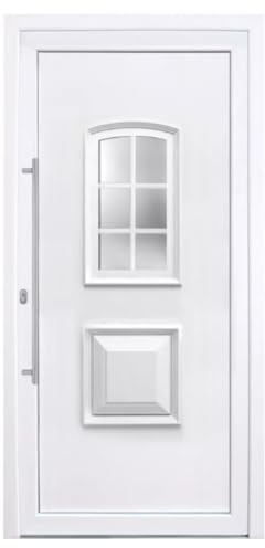 Haustür Komplettset aus PVC mit Stahlverstärkung, Wärmeschutzglas, 5-fach Verriegelung & 900 mm Edelstahl-Griffstange I Farbe: Weiß I DIN links I Modell: Basilika I 2100 x 1100 cm