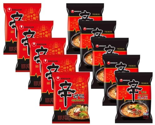 Nongshim Shin Black Ramyun and Shin Ramyun Instant Ramen Noodle 2 Flavours Assorted Bundle (Pack of 10)