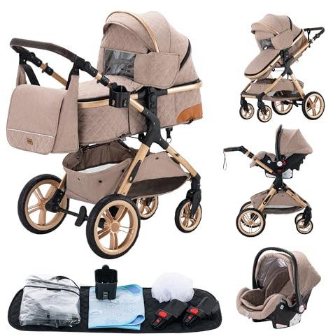 YAZOCO kinderwagen 3 in 1 Buggy Babybett Komplett Set Einem Klick Zusammenklappbarer Kinderwagen, KombiKinderwagen Aluminiumrahmen für Neugeborene Sitzzubehör (5 Khaki)