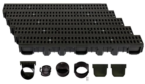 ScarMaxx - A15 Entwässerungsrinne Set - Bodenrinne - Regenwasser-Ablauf - Abfluss mit Gitter - Drainagekanal - Flach - Kunststoff - Bauhöhe 115 mm - mit Stegrost Classic Schwarz - 5m