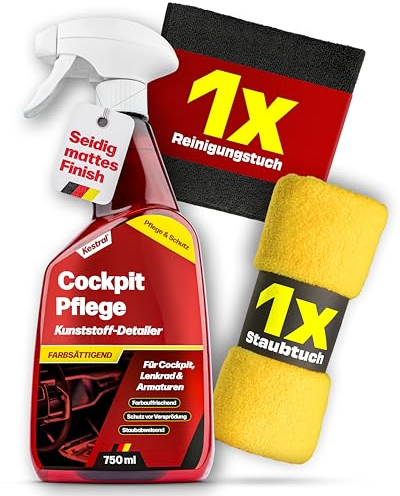 KESTRAL® Auto Cockpitpflege Set mit Staubtuch & Mikrofasertuch - Kunststoff-Detailer mit MATT-Effekt - Materialschonende Pflege für Cockpit, Lenkrad & Armaturen im Autoinnenraum - Made in Germany