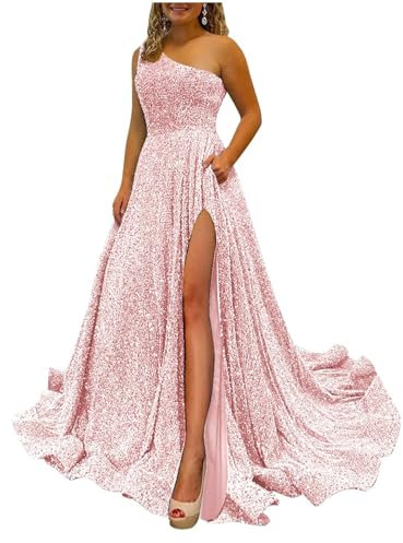HPPEE Abito da sera da donna, monospalla, per adolescenti, lungo, con spacco, paillettes scintillanti, abito da sera formale, Rosa cipria, 42