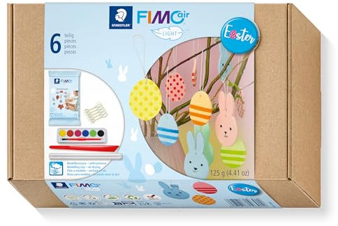 STAEDTLER FIMOair 81 Set di pasta da modellare per Pasqua, asciugabile all'aria, immediatamente utilizzabile, scatola di cartone con pasta da modellare FIMOair Light, 125 g, bianco e accessori, 81 set