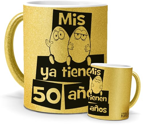 Mundohuevo Tazas Únicas | Mis Huevos 50 Años | Sorpresa de Cumpleaños | Mensaje Original | Cerámica Purpurina Oro | Taza de Café, Té o Infusiones | Hombre Feliz Cumpleaños | 350 ML