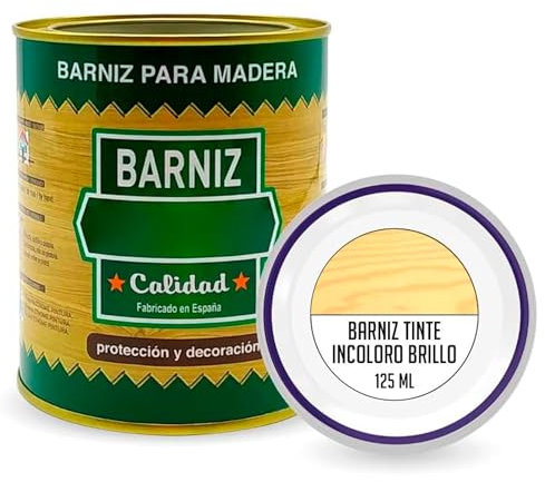 Tradineur - Bote de Barniz para Madera - Fabricado en España - Ideal para todo tipo de Maderas, vigas, cerchas, marcos, etc. - Capacidad de 125 ML - Incoloro Brillo