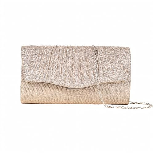 TTPSRY Elegante Abendtasche Damen Clutch Umhängetasche Klein Handtasche Brauttasche mit Glitzer und Abnehmbarer Kette(Gold)