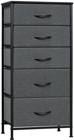 WOLTU Commode, Meuble de Rangement, Chiffonnier avec 5 Tiroirs en Tissu, Armoire, en MDF Cadre en Métal, Chêne Noir + Gris Foncé