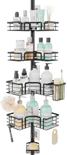 SWTYMIKI Telescopic Shower Caddy Corner - 4-Tier Rustproof Shower Corner Shelves, Tension Rod with Soap Holder, Adjustable No-Drill Organizer for Bathroom Storage, 27.6-108.3 inches (Black)