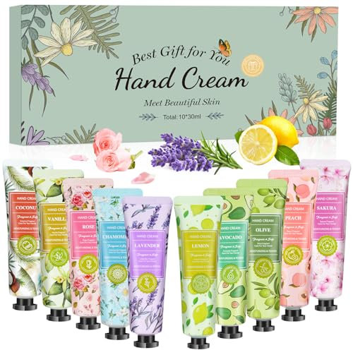 Handcreme Set, Mini Handcreme Geschenkset, 10 x 30ml Handcreme Damen Duft Hände Fuß Feuchtigkeitscreme für Trockene und Rissige Hände, Kleine Geschenk für Frauen, Weihnachten & Geburtstags Geschenk