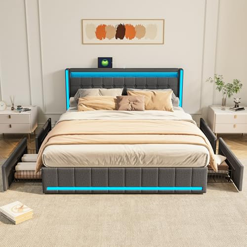 Fofetbfo Polsterbett 140x200cm, Bett mit Stauraum, LED Doppelbett mit 4 Schubladen und Lattenrost, Kopfteil mit USB-Ladefunktion, Funktionsbett Jugendbett Stauraumbett Bettgestell, Linen