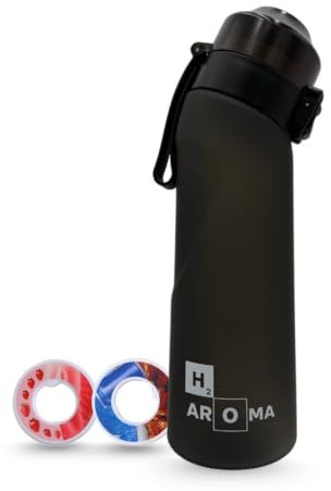 AROMA H20 Bouteille 650ML avec 2 goût pods, 1 paille, 2 brosses. 0 sucres, 0 calories, juste des arômes naturels. (Noir opaque)