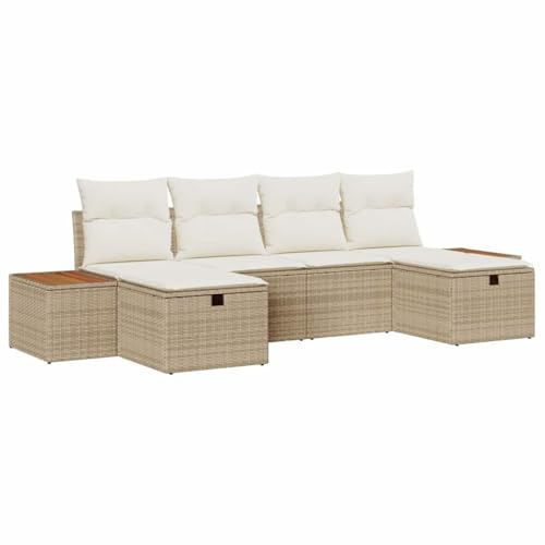 vidaXL 6-teiliges Gartensofa-Set mit Kissen in Beige aus Poly-Rattan, zum Verstauen, ideal für Terrassen und Balkone. Moderne, modulare Möbel für gemütliche Lounges, wetterfest.