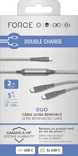 Câble Duo Ultra-renforcé USB C/USB C + USB C 2m 100W Gris - Garanti à Vie Force Power