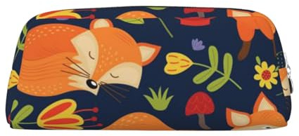 MLTRFGJ Multifunktionales Federmäppchen aus Leder mit niedlichem Fuchs-Blumen-Motiv, geeignet für Schule, Büro und Reisen, silber, Einheitsgröße, Kosmetiktasche