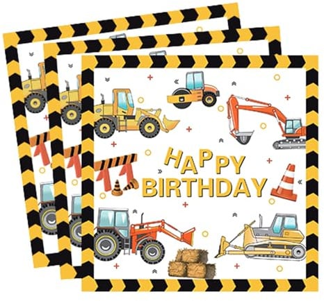 Ovanda 24 Stück Servietten Bagger (33 x 33 cm), Bau Partyzubehör, Bagger Truck Geburtstagsparty Dekorationen, Baustelle Partygeschirr, Servietten Tischdeko,Kinder Geburtstag Fahrzeuge Papierservietten