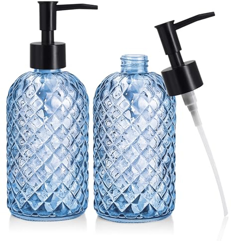 Ulable Blue Glass Soap Dispensers, 14OZ/400ML, Set of 2 Pump Bottles | Refillable Hand Soap Dispenser Bottle with Rustproof Plastic Pump Head for Kitchen, Bathroom, Laundry Room Daily Use