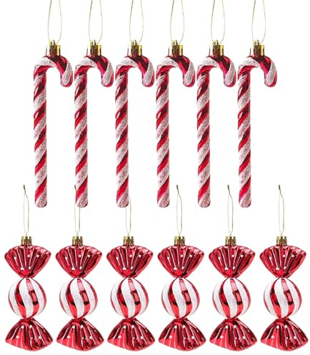 GWAWG 12 Stück Zuckerstangen Weihnachten Deko Zuckerstangen Zum Hängen Weihnachtskugeln Zuckerstangen Deko Christbaumschmuck Bonbon Rot & Weiß Süße Weihnachtsanhänger Glitzernde Hängende Weihnachtlich