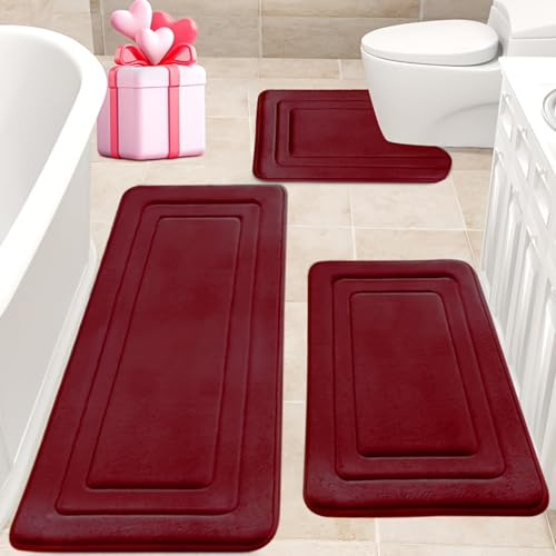 Jyswx Badezimmer Teppich Set 3-teilig Memory Foam, rutschfest & Absorbierend, Waschbar, Weich & Schnell Trocknend, Badvorleger für Dusche, Toilette & Badewanne,Burgunderrot