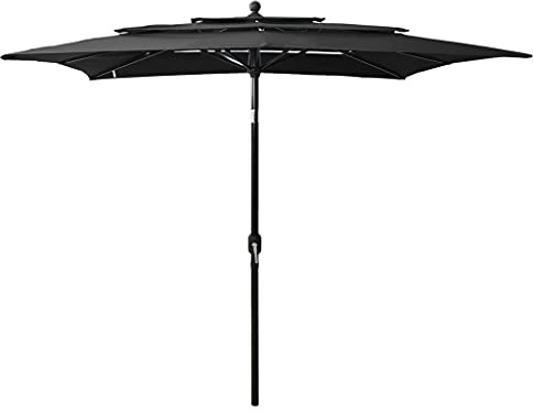 Holamys Schwarzer 3-lagiger Sonnenschirm 2x2m, UV-Schutz Polyester Gartenschirm mit pulverbeschichtetem Aluminium-Mast, Kurbel & Kippfunktion für Terrasse, Balkon & Garten