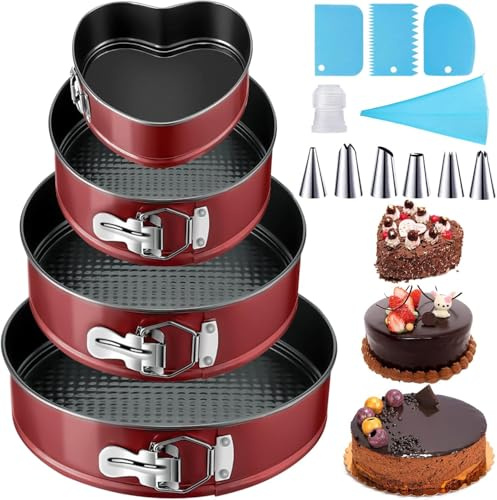 ZPQAODI Tortiera Rimovibile 4 Pezzi 12/18/22/26cm, Professionale Stampi per Dolci Rimovibile, Teglia da Forno Rotonda Springform, Rivestimento Antiaderente, Con Spatola Torta e Bocca Decorazione Torta