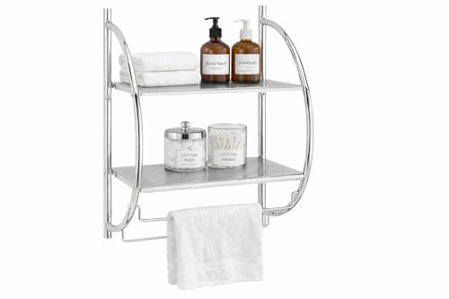 raxter 2 Tier Chrome Wall Mounted Bathroom Shelf with Double Towel Holder Rail, Modern Curved Storage Rack, W44 x D25 x H54.5cm