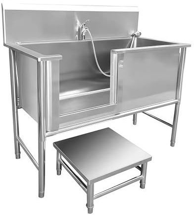 Baignoire de Toilettage pour Chien 120cm, Station Bain Professionnelle Acier Inoxydable avec Porte Gauche, Évier de Lavage Animaux (Chiens/Chats), Mitigeur Télescopique et Tapis Antidérapant (100cm)