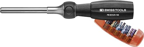 PB Swiss Tools Ratschenschraubendreher PB 6510.R-100 | 100% Swiss Made | 10-in-1 Tool mit 10 Precision Bits Schlitz/Kreuzschlitz Pozidriv/Torx/Innensechskant