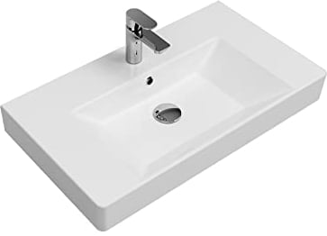 Aqua Bagno | Universal Waschbecken mit Ablage, modernes Keramikwaschbecken in Weiß, hängendes Waschbecken 80 cm breit
