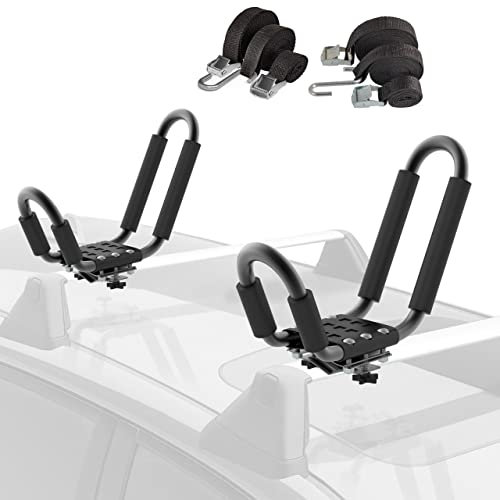 2 Stück (4 Stück) Kajak Dachträger J-Stange Haken Kanu Surfboard Kajaks Träger Universal Fit für SUP Dachgepäckträger Montage auf SUV, Autos, LKW, Auto Querstange mit Spanngurten & Zubehör