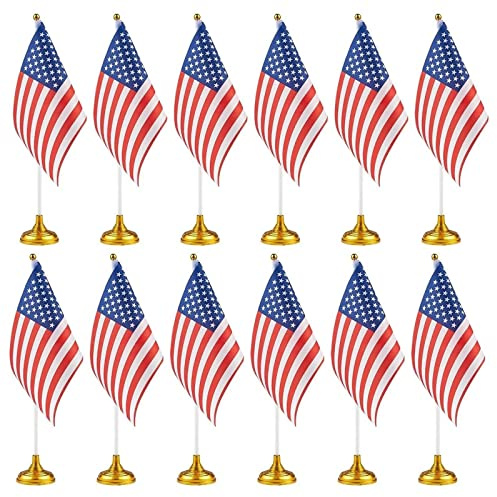 Juvale 12-Piece USA Flags with Stand, American Flags for Desk & Table Decor, Red, White, Blue, 8 x 5.5 Inches