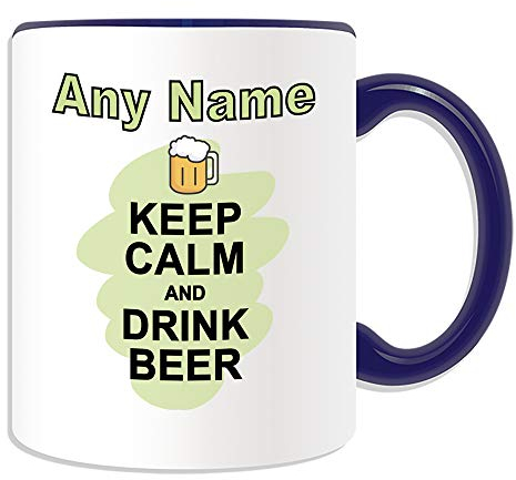Personalised Gift - Keep Calm Drink Beer Mug (Food Design Colour Handle) Any Name Message Unique - Carry Poster Party Diet Snack Wine Milk Coffee Tea Chocolate Juice Coke