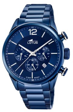 LOTUS Reloj Hombre Analógico de Acero Inoxidable 316l Azul - Movimiento de Cuarzo - Cronógrafo - Calendario - Cristal Mineral de Alta Resistencia - Resistente al Agua 10 ATM Casual 18680/1 Chrono