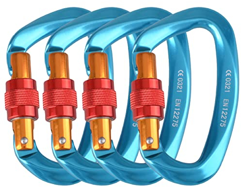 Azarxis Mousqueton Escalade 25kN Mousqueton à Verrouillage en Forme de D avec Bouchon à Vis 2 ou 4 Pièces pour Hamac Randonnée (Bleu - 4 Pièces)