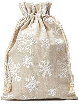 | 3 Leinensäckchen, Leinenbeutel mit Schneeflocken-Motiv und Baumwollkordel zum Zuziehen, Adventskalender, Geschenkverpackung, Weihnachtsbeutel, Schnee (40x30 cm)