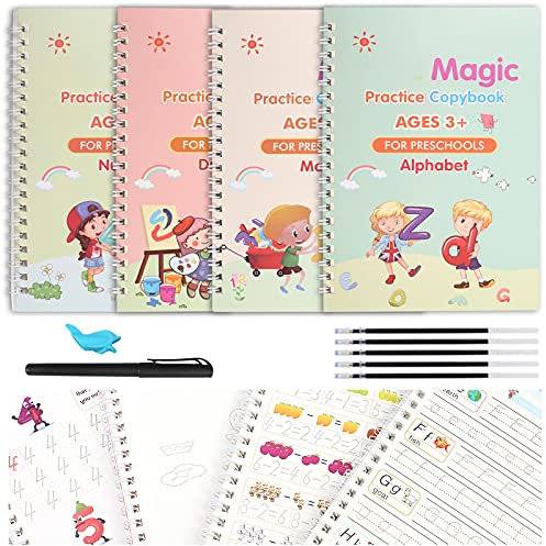 funvce Magic Practice Copybook for kids, 4 Pack Calligraphy Set with Handwriting Pens for Beginners, Children Tracing Workbook for Drawing,Math,Numbers,English Alphabet