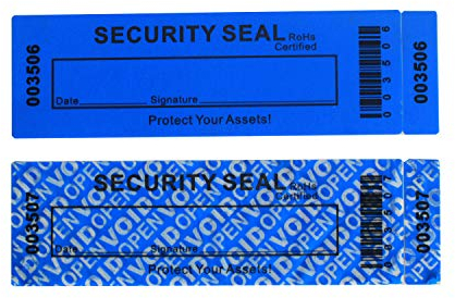 TamperSeals Group - 50 Stück 35 x 120 mm Blaue No Transfer Manipulationssichere Sicherheits Garantie Void Etiketten/Aufkleber/Sicherheitssiegel mit 1 Barcode & 3 Seriennummern