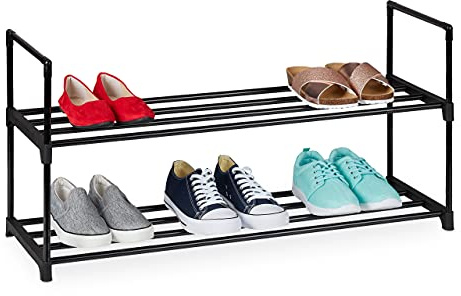 Relaxdays Schuhregal Stecksystem, 2 Ebenen, für 8 Paar Schuhe, HBT: 45 x 90,5 x 30,5 cm, Schuhständer Metall, schwarz, 10036199_347