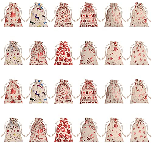 Belle Vous Stoffbeutel mit Zugband Weihnachten (24 Stk) - Beutel Jutesäckchen 12 Festliche Motive - Inklusive Nikolaus & Rentier - Umweltfreundliche Kleine Säckchen zum Befüllen Adventskalender