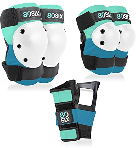 80Six Multi-Sport Pad Set-Knee Pads, Wristguards, Elbow Pads, Full Protective Gear for Kids, for BMX, Cycling, Inline Skating, Skate, Roller Skates, Skateboard Accessories (Surf Green Teal, Ages 14+)