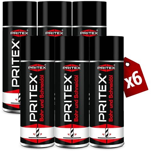 PRITEX – Bohr- und Schneidöl Spray 6 x 400 ml – Bohröl Kühlmittel mit guter Haftfähigkeit – Schmieröl mindert den Verschleiß & reduziert die Reibungskräfte beim Bohren, Drehen, Fräsen & Schneiden