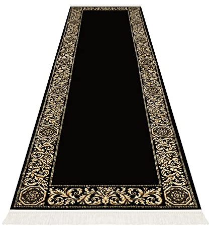 Luxus Teppich Barock Wohnzimmer Schlafzimmer Wonzimmerteppich Läufer Teppichläufer in schwarz, beige, rot gold, kurzflor, rechteckig, rund, oval 100% Viskose (schwarz, 80 x 200 cm, Rechteckig)
