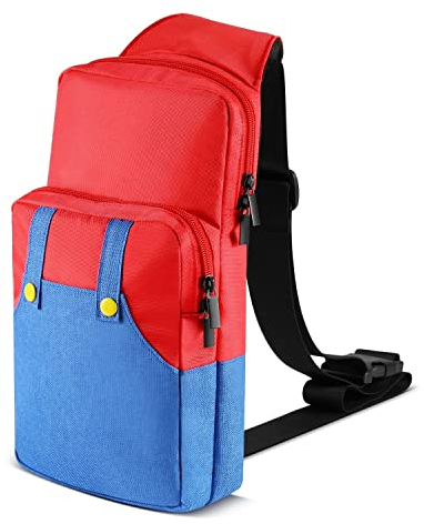 TNP Switch Tasche, Transporttasche kompatibel mit Nintendo Switch, Switch OLED, Switch Lite, Umhängetasche für Switch Zubehör Konsole, Joy-Con, Netzteil& Dock Ladegerät - Super Mario - Rot & Blau