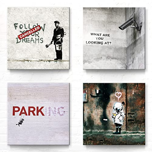 Banksy Bilder Leinwand im 4er-Set nach Graffiti Art, als Wandbilder zur Deko. Jedes Bilderset-K Leinwandbild ist 40x40cm groß. Tolle abstrakte Drucke zur Wand-Dekoration