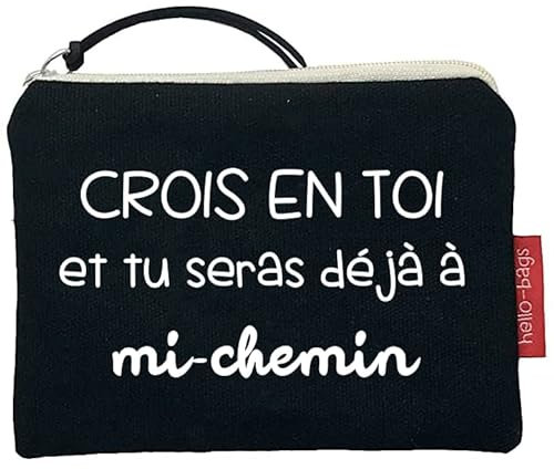 Hello-Bags. Portemonnaies / Porte Cartes. Extérieur : Coton 100%. avec Fermeture éclair et Doublure intérieure. Inclue Une enveloppe de Cadeau. « CROISENTOI ». Écru / Noir. 14 * 10 cm., (3513347)