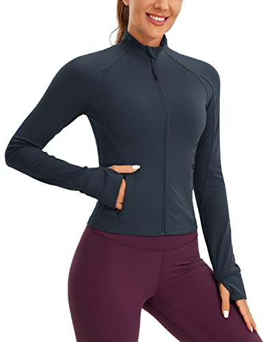 CRZ YOGA Damen Butterluxe Full Zipper Sport Jacke Zip Tasche Crop Running Laufjacke Gym Langarmshirt Sweatjacke mit Daumenloch Echte Marine 40