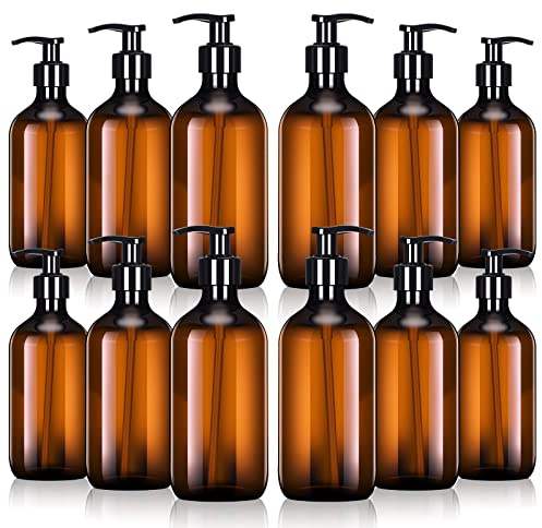 12 Pack Amber Soap Dispenser Empty Plastic Pump Bottles Dispenser Amber Refillable Shampoo Container for Hand Sanitizer Soap Cosmetic Lotion Body Wash Conditioner Bathroom Kitchen Travel (16.9 Oz)