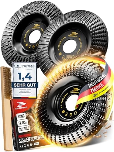 Adlerfokus Holz Schleifscheibe 115mm Set Winkelschleifer [EXTRA SCHARF] Flexscheibe für Holz - Wurzelfräse - Lackfräse - Baumstumpffräse - Raspelscheibe - Schleifen mit einer Flex Schleifscheibe