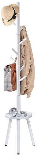 Yawinhe Garderobenständer, Kleiderständer aus Massivholz, Garderobe in Baumform mit Anti-Rutsch-Pad und Beistelltisch, 8 Haken, 3 verstellbare Höhen, 182cm Höhe, für Eingänge,Wohnzimmer, Weiß