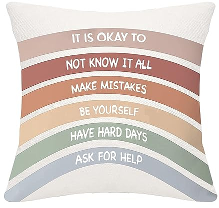 Bommex Inspirational Quote It Is Okay To Not Know It All Make Mistakes Be Yourself Have Hard Days Ask for Help Rainbow Cushion Cover for Kids Teens Adults Inspirational Gift(IT IS OKAY-RAINBOW)